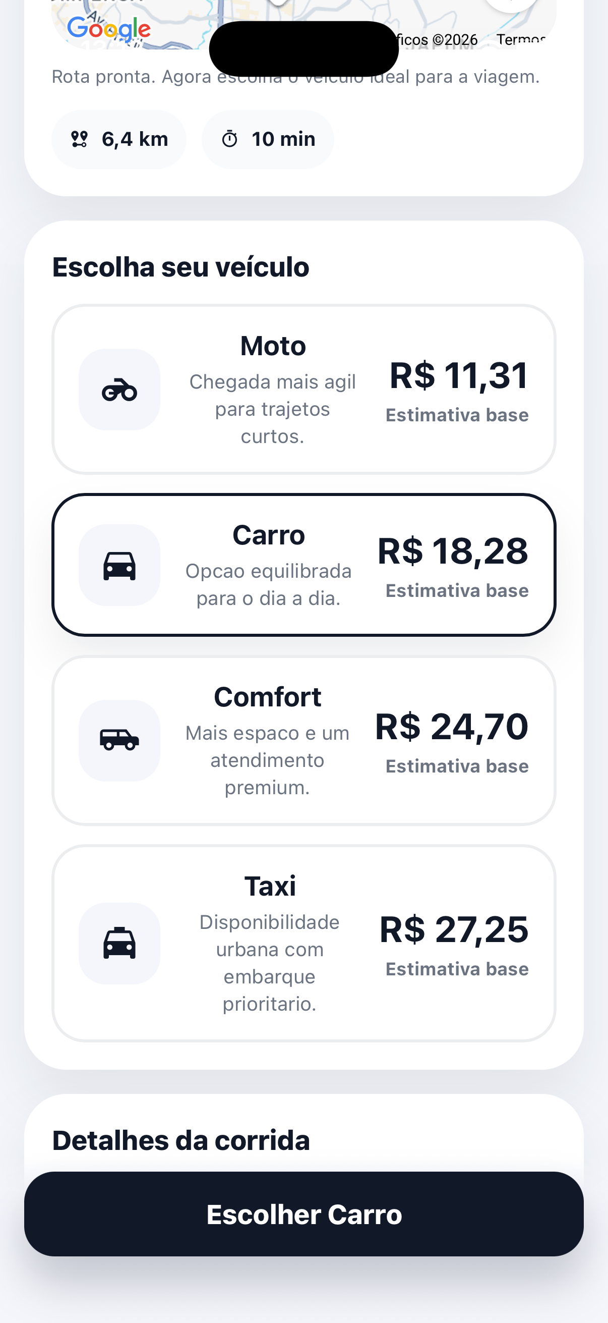 Escolha de categoria e valor estimado no Levaê Driver