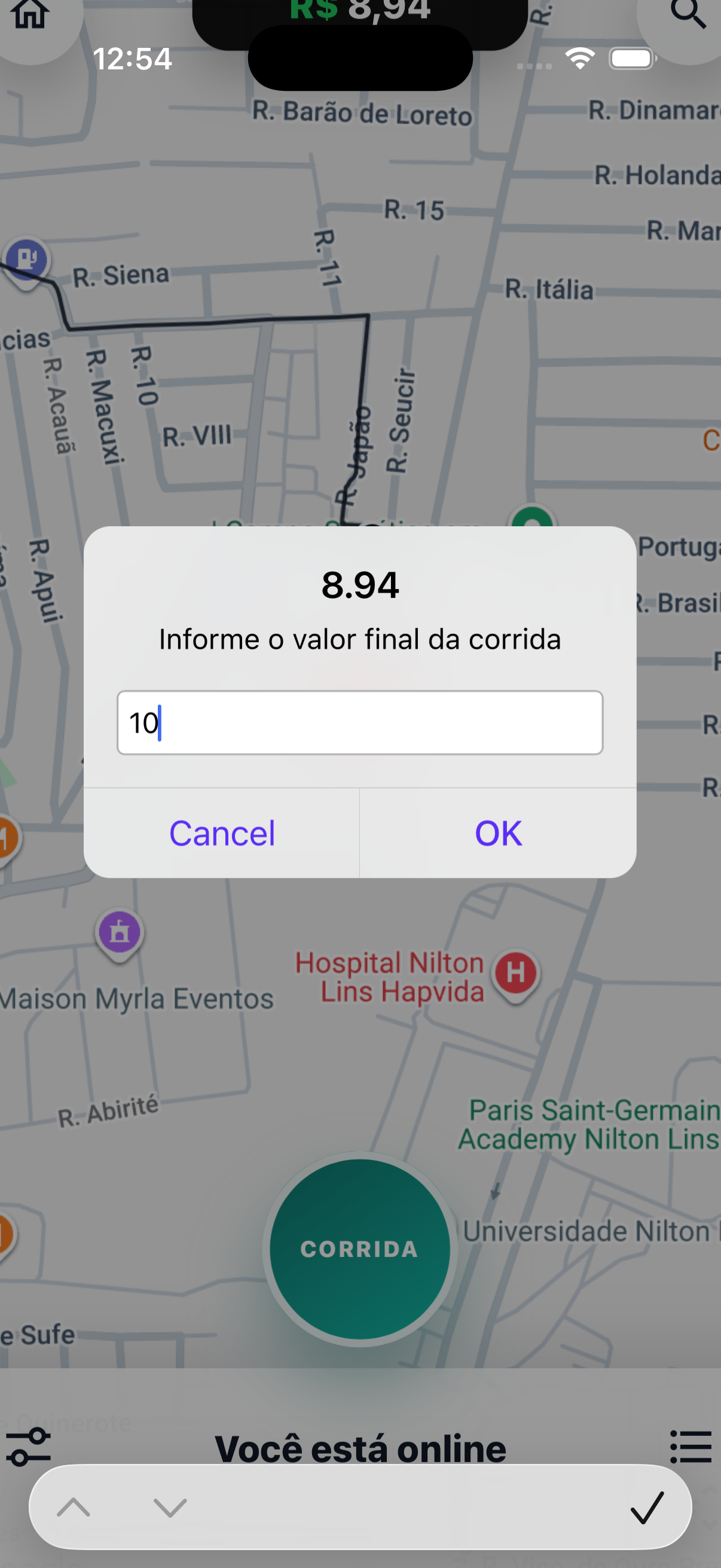 Mapa de operação do motorista no Levaê Driver
